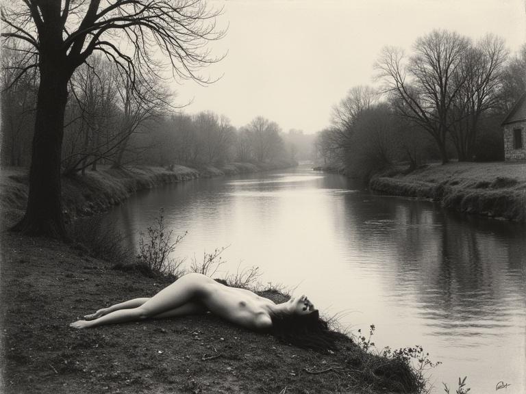 Etching style artwork. A woman reclines alone beside a winding river during autumn season. Image captured from an elevated angle. Use of black and white ink with detailed textures. Subtle hints of muted autumn colors depicted through shading. Gentle ripples on the river's surface and reflections of a nearby mill. Sky appears overcast with soft lighting. Emphasis on detailed textures and atmospheric depth.