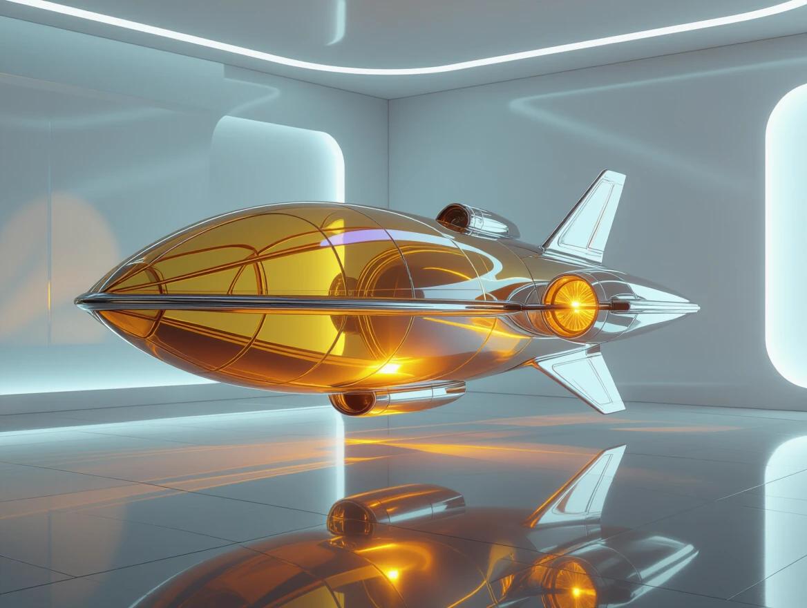 Hyper-realistic rendering of a spaceship made of citrine glass. Elegant art-deco design. Studio lighting enhances reflective surfaces. Soft minimal and dreamy aesthetic. Ultra-detailed glass rendering. Cinematic studio lighting in high-resolution.