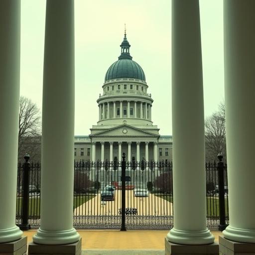 Photograph of a grand government building featuring a large dome taken from a front courtyard. Framed by four tall white columns with a black iron fence in the foreground. Overcast sky with yellow pavement. Classical architecture with symmetrical composition. Clock on the dome with ornate decorative elements on the fence. Windows visible on the building. The image has a slight greenish tint and a vintage style with soft lighting. No people present. Focus on architectural details in an urban setting.