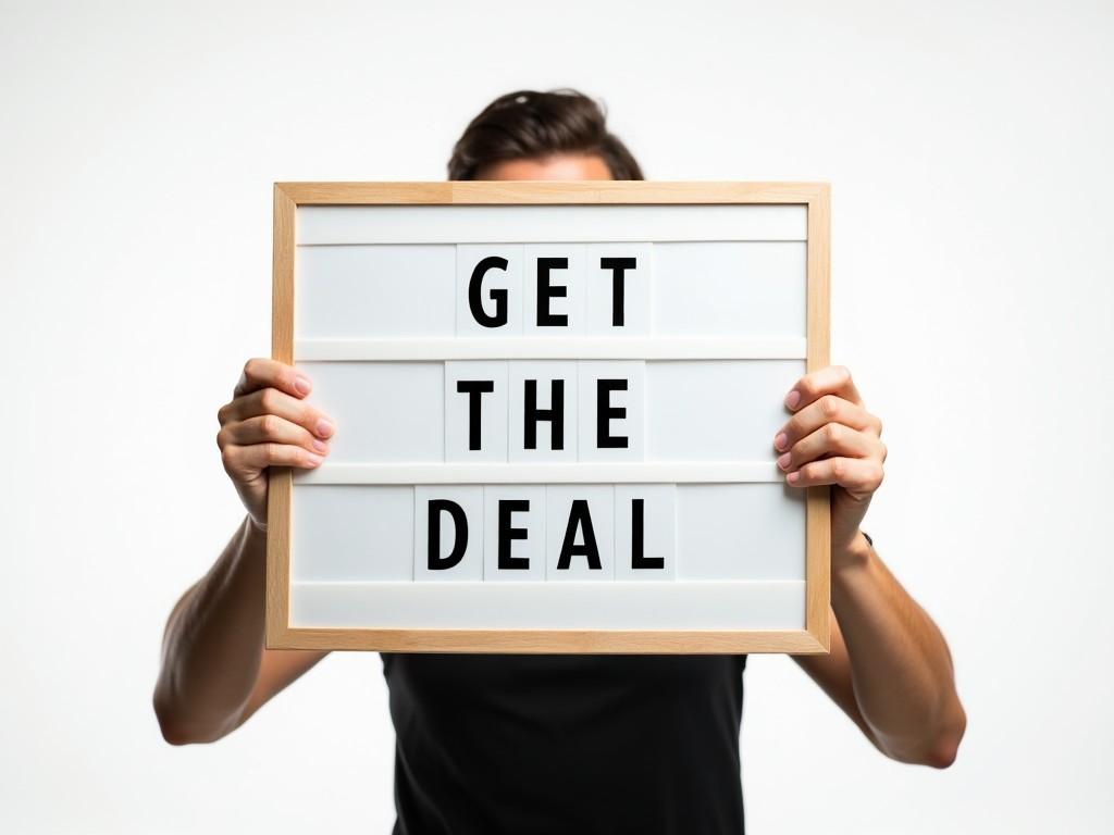 A person in a black shirt holds up a lightbox sign with bold text that reads 'GET THE DEAL.' The image focuses on the immediate and confident message of opportunity, with the person's face partially obscured by the sign to emphasize the text. The background is minimalistic, providing a sharp contrast to the white sign, making the message stand out.