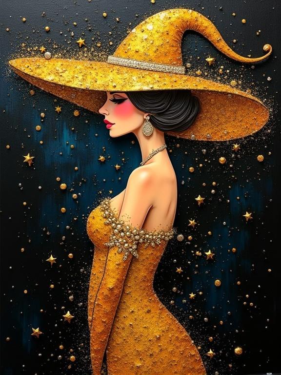 3D representation of a woman wearing a prominent yellow hat. The artwork features sparkling elements and a starry backdrop. Bright colors dominate the composition with a focus on gold and black. The figure is displayed in a striking profile with an abstract quality.