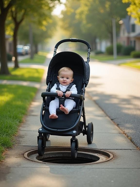 A baby is sitting in a stroller next to an open manhole cover on a sidewalk. The stroller is slightly tilted. The baby seems calm yet unaware of the danger. The background features a quiet suburban street with trees and houses in soft sunlight. The peaceful surroundings contrast with the potential hazard.