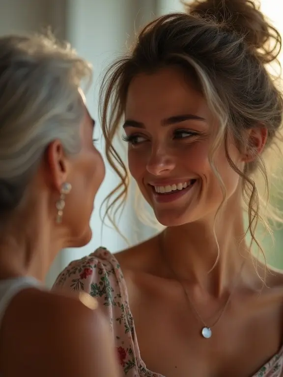A beautiful woman engages in conversation with her mother. They share a warm moment. The mother expresses disapproval towards the woman's boyfriend.