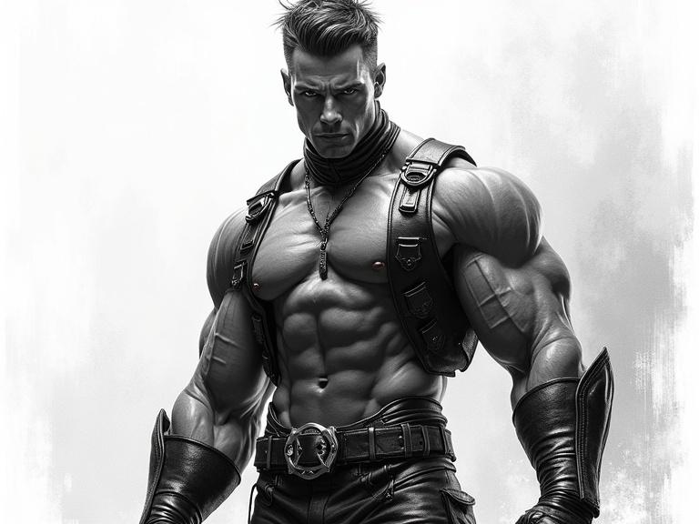 Bold muscular guy in a tight leather costume looking directly at the camera. Dutch angle used in the composition. Style features hyper-detailed graphite sketch with Sin City contrast.