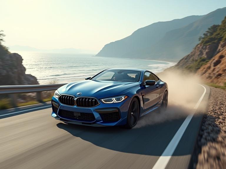 A BMW M8 car drives on a coastal highway. Blue car takes a sharp turn on a winding road. Dust and gravel fly up from the ground. Dramatic sunlight enhances the scene.