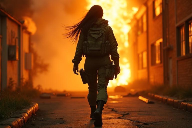 Fighter girl walks away from burning hospital. Olive green tactical gear appears scorched. Jet-black hair flows in smoky breeze. Dark eyes show determination. Heavy combat boots strike cracked pavement. Destruction surrounds her. Low-angle shot emphasizes strength.