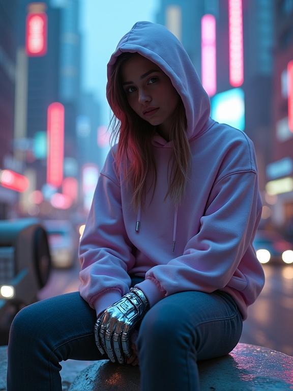 Futuristic cityscape at dusk. Young woman in a hooded sweatshirt sits on a high-tech bench. Surrounded by neon lights. Towering skyscrapers in the backdrop. Metallic glove on one hand. Cyberpunk-inspired outfit with pastel and neon colors. The atmosphere is moody and introspective. Focus on contrasts between natural and technological elements.