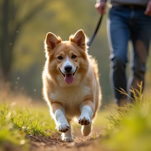 A dog runs joyfully with its owner along a path. The scene is set in a natural environment with soft lighting and a clear focus on the dog.