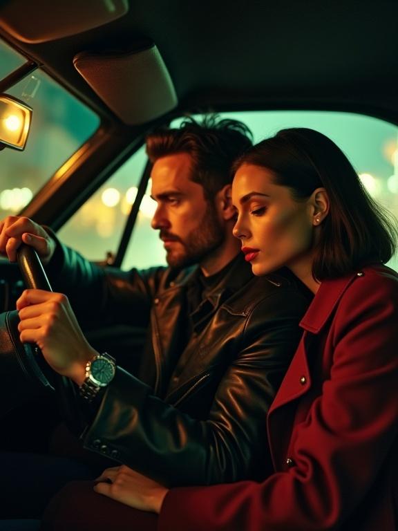 Low-angle close-up of a couple inside a luxury car at night. The man in a matte-black leather biker jacket grips the steering wheel. The woman in an oxblood trench coat leans towards him. Dash lights create a soft green glow on their faces. Warm yellow tunnel lights shine through the windshield. Cinematic style with shallow depth of field.