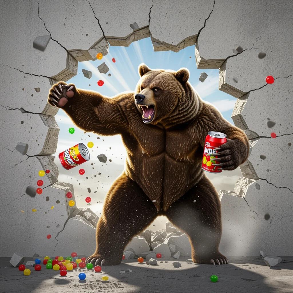 Ultra-realistic image of a large muscular grizzly bear punching through a concrete wall. The bear swings its powerful right arm mid-motion, breaking the wall. In its left paw, it holds a glossy red can of fruit gummies that are flying out. Bear's fur looks sweaty and glistens under harsh lighting. Dust and debris are suspended in mid-air with bright rays shining through. The setting is an industrial warehouse with graffitied walls and broken pipes. The focus is intense on the bear's expression and flying debris.