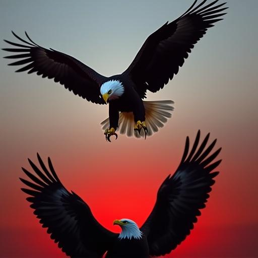 A bald eagle at the top poised to squawk. A bald eagle at the bottom squawking loudly against a red shaded background.
