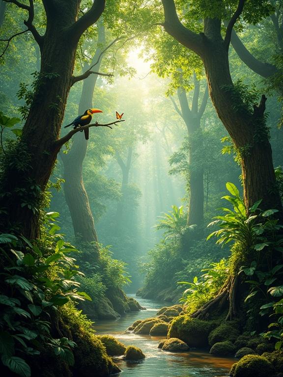 A vertical image showcases the Amazon rainforest. Towering tropical trees with green canopies exist. Sunlight streams through the leaves creating a humid environment. Vines and orchids add detail. A stream flows gently, and a toucan perches nearby. A butterfly flutters in the scene.