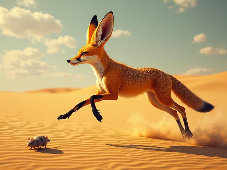A fennec fox is mid-leap while hunting a mouse in the desert. The golden sand has ripples and the low sun creates dramatic shadows. The fox’s large ears are alert and eyes focused. Dust rises from the fox’s paws as it moves gracefully. Ultra-detailed and natural.