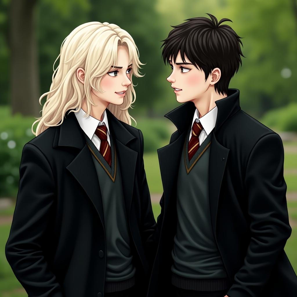 The image shows two young male characters with distinct hairstyles and school uniforms. One has long blonde hair and the other has dark short hair. They wear black coats in a green outdoor setting. Their expressions convey a shared moment of understanding.