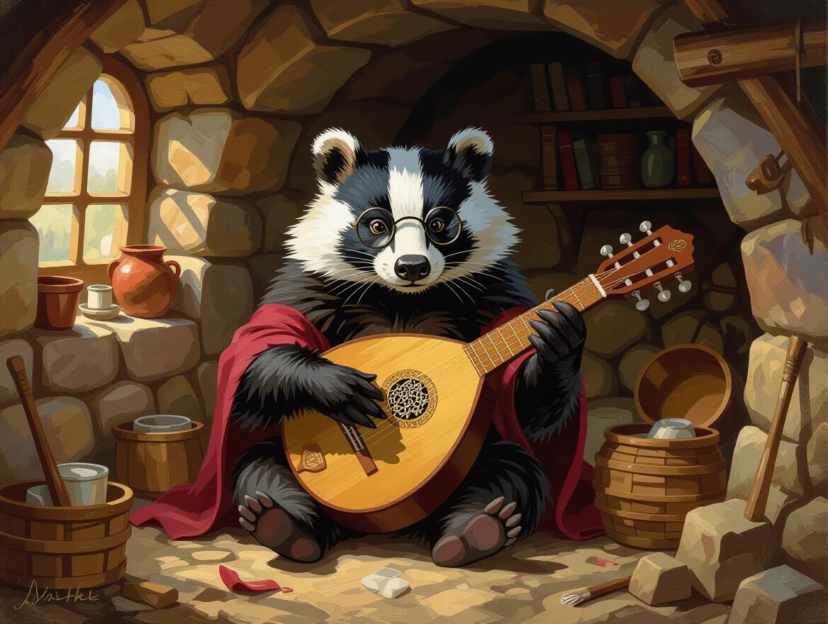 A wise old badger with glasses sits comfortably in his underground burrow. He plays a rustic lute surrounded by cozy elements. A warm atmosphere of creativity and magic fills the room.