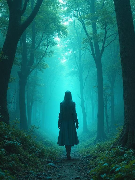 Turquoise forest with a female knight wandering through. Surreal scene with abstract elements and touches of realism. Beautiful and enchanting atmosphere.