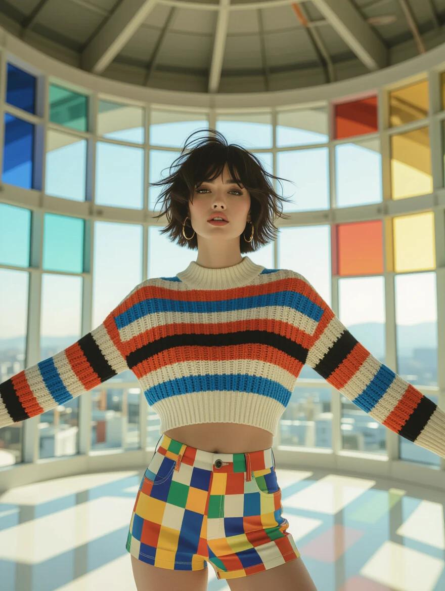 A stylish woman with short messy black hair wears a color theory sweater and high-waisted shorts. She is jumping with arms spread wide. The background features a Constructivist-style observatory. Bright primary colors filter through the colored glass. Soft natural lighting enhances the scene. Capturing details in contrast and texture.