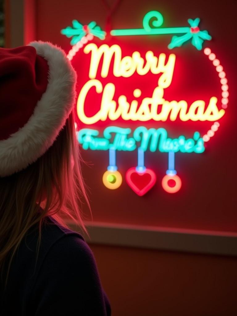 Image shows a person wearing a Santa hat. The person looks at a colorful neon sign that says Merry Christmas. The sign is decorated with ornaments and holly leaves. The setting is warm and festive. The design highlights joy associated with Christmas.