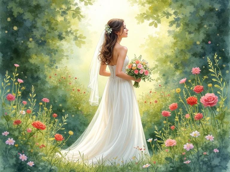 This enchanting watercolor painting features a bride standing in a lush garden. The scene is filled with vibrant flowers highlighting the beauty of nature. Soft light creates a dreamy atmosphere. The bride wears a flowing white gown and holds a beautiful bouquet.