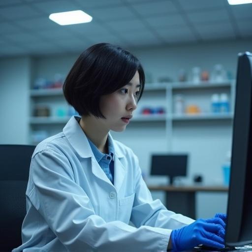 A female scientist with short black hair wearing a lab coat is focused on a computer. The setting is a modern laboratory with shelves in the background.