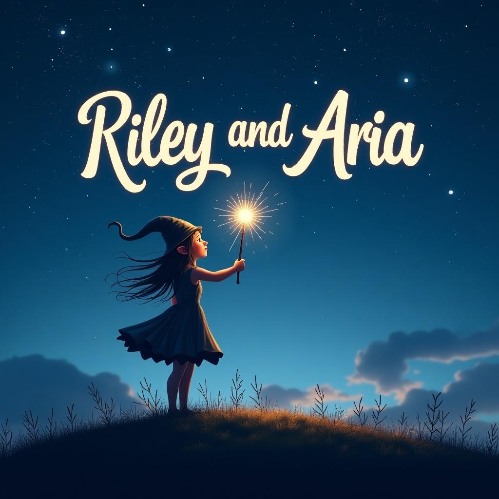 This image depicts a whimsical scene with an elf-like figure standing on a hill under a vast starry sky. The character gracefully writes the name 'Riley and Aria' in luminous light. Soft twilight hues envelop the landscape, adding to the dreamlike quality. The elf holds a sparkling wand, casting a magical glow. This enchanting setting evokes feelings of wonder and creativity, perfect for captivating an audience of all ages.