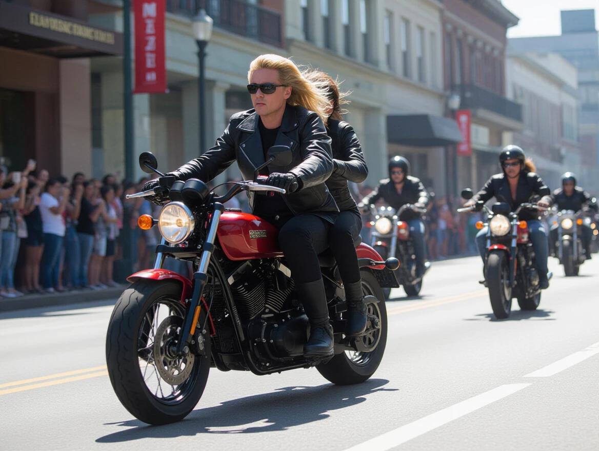 Motorcycle riders in a city street. Biker gang on a sunny day. Dynamic scene with riders dressed in leather. Crowds watching the ride.