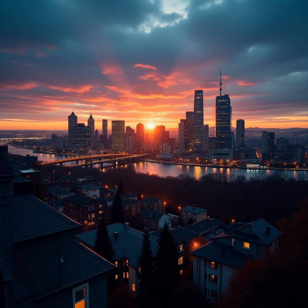 Modern city skyline illuminated against night sky. Skyscrapers glow over quiet residential area with twinkling lights. City landscape from rooftop during sunset. Sky filled with vibrant oranges and blues. Sun setting in distance creating light rays. Panoramic view of bustling city transitioning to evening. City skyline with river and bright lights at night. Small bridge crosses over river.