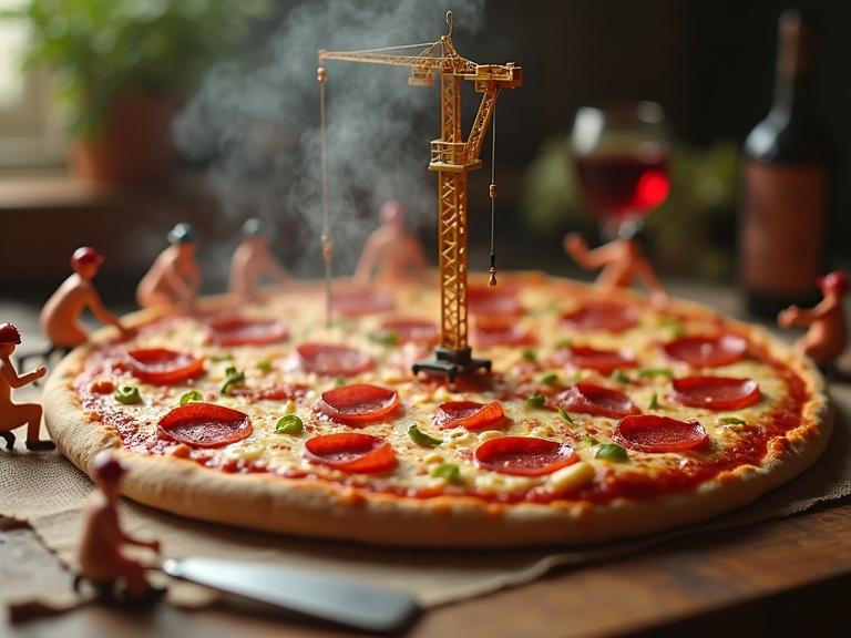 Playful culinary scene depicting a large pizza being constructed. Miniature crane lifts salami while tiny bakers spread cheese. Steam rises from freshly baked pizza. Cozy wine setting blurred in background.