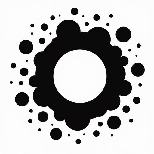 Solid circles of various sizes placed randomly. Large circle in center. Smaller circles surrounding may overlap. Line illustration silhouette. Monochromatic style. White background.
