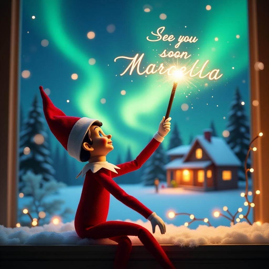 Elf on the shelf sits with back to viewer. It gazes skyward, holding a glowing wand. The background shows Christmas scene with northern lights and a cozy house. Snow covers the ground. Elf embodies magic and wonder of Christmas. Name is written in the air, creating holiday cheer.