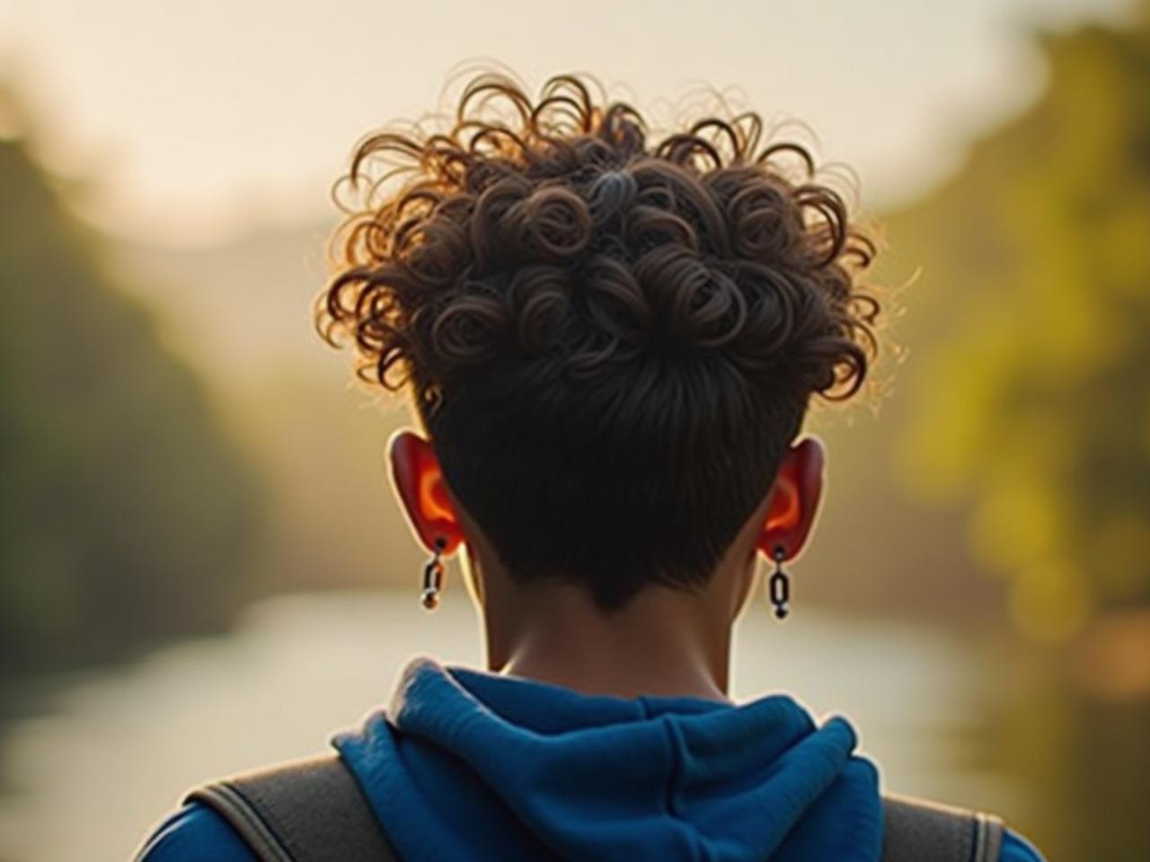 The image shows a person with curly hair viewed from behind. They are wearing a blue hoodie and there is a strap visible on their shoulder. The background is blurred with soft natural tones, suggesting an outdoor environment. The lighting is warm and soft, creating a serene atmosphere. The person's ears are partially visible, and they have earrings. The overall mood of the image feels calm and contemplative.