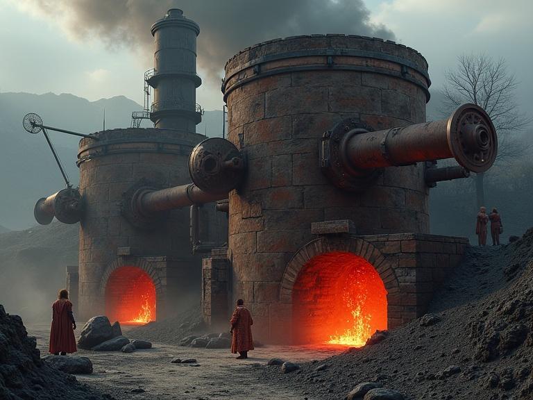 Post-apocalyptic iron smelter furnace made of salvaged materials. Structure partially buried and reinforced with scorched bricks and rusted metal. Focal cylindrical design with large tuyères and hand-powered blowers. Surrounded by blackened stone and ash. Crude tribal markings visible. Smoke rises from exhaust pipe chimney. Forgemasters in tattered robes at work. Scene lit by red glow from fire. Industrial tribal aesthetic with dust and soot effects.