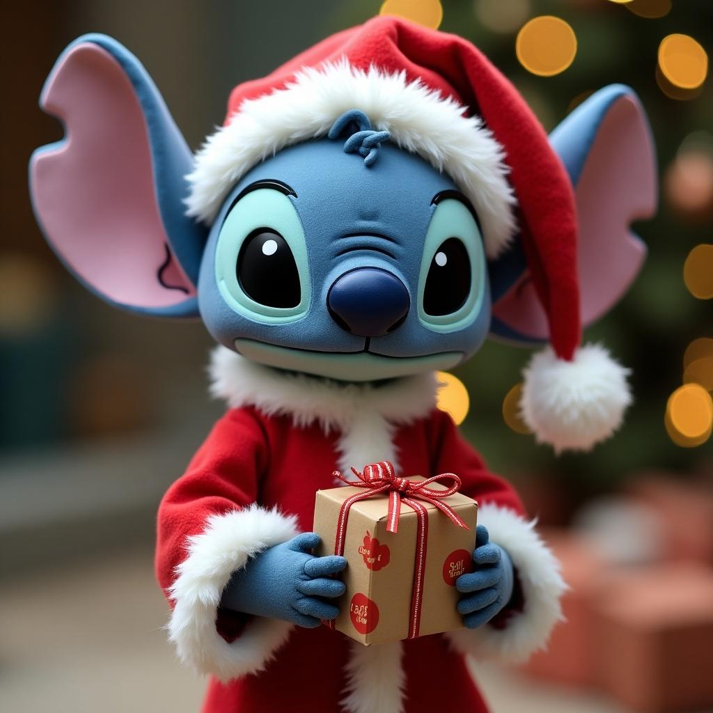 Stitch character from Disney wears a Santa outfit. Stitch holds a present with a tag labeled Lillibeth. Background features Christmas decorations and warm lights.