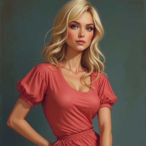 Portrait of a lady with blonde hair wearing a peach dress. Softly lit background. Close-up view focusing on the subject.