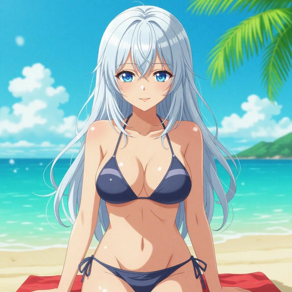 Mature looking Anime woman in bikini at the beach with silver hair and blue eyes sitting down