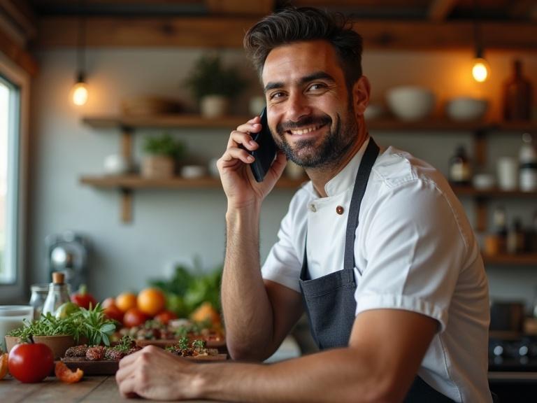 A 30-year-old male chef is on the phone ordering food for his restaurant. The kitchen is modern and well-organized. The setting is lit with warm lights creating a welcoming environment.