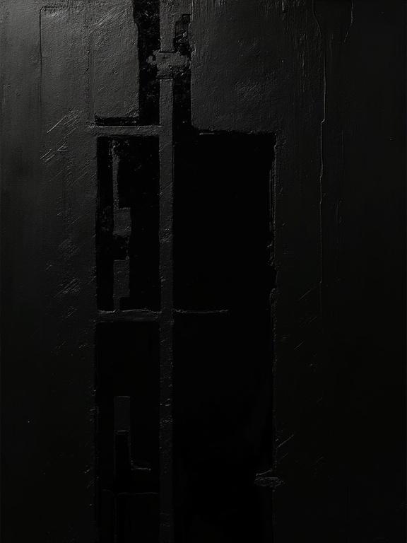 Digital oil painting with a black background. Harsh paint strokes are visible. Cubist and unfinished elements present. Flat colors blend with dynamic silhouette design. Minimalist aesthetic features repeating voids like film negatives. Shadows and cubist edges resemble film strips. Fungal viscous black corrosion covers the negative.