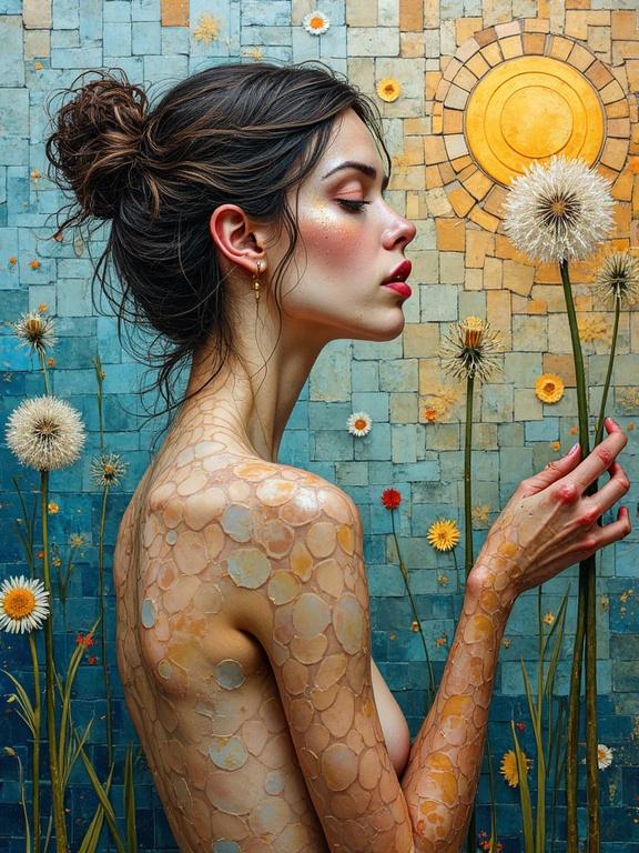 Nude woman with iridescent skin stands against a mosaic background holding dandelions. The artwork features tiles and floral elements. Soft lighting emphasizes the ethereal quality and abstract nature of the piece.