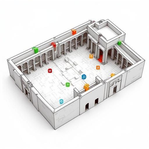 Architectural axonometric view of the Second Temple in Jerusalem showing layout in black lines on white. 3D-like cutaway style with colored markers for key areas. Diagram labeled with numbers and corresponding colors. French legend included. Minimalistic and educational.