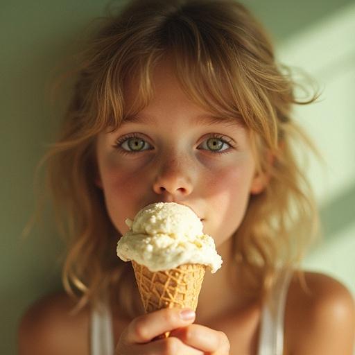 A young woman enjoys a melting ice cream cone. She squints with bright green eyes. Sunlight creates a warm and hazy atmosphere. The focus is on the ice cream cone.