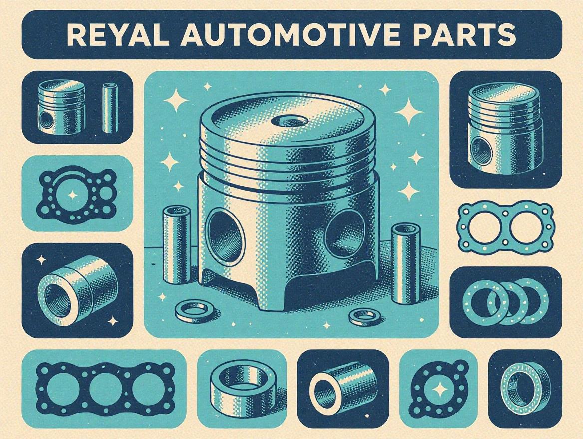 Design for an online automotive parts business. Illustrations of pistons and gaskets in a retro style with a modern twist. Features various automotive components framed attractively.