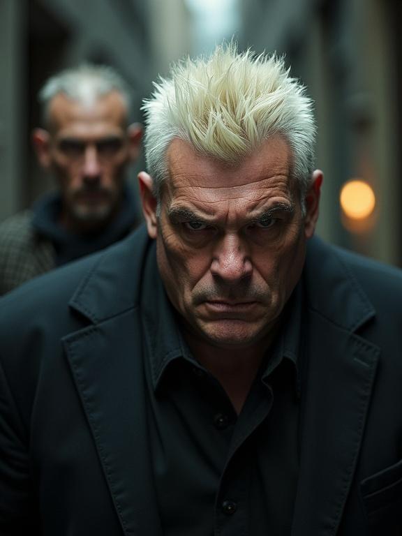 Ultra photorealistic image of a large man with spiked cropped white blond hair and dark clothing. Menacing expression fixed on the camera. Thin-faced middle-aged man with thick short hair and long nose stands behind him. Both men stare menacingly. Shot from a low angle.