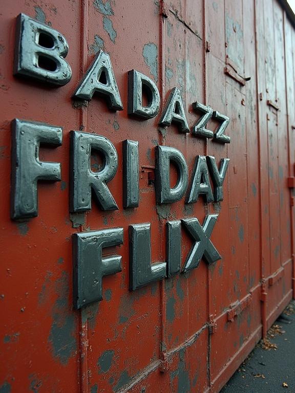 Make a big metal wall with the words BADAZZ FRIDAY FLIX Stamped into it.