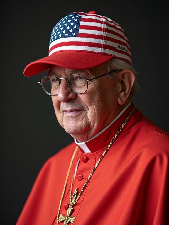 Catholic cardinal wears a baseball cap featuring the American flag. Cardinal is dressed in traditional red robes. Seated profile captures a thoughtful expression.