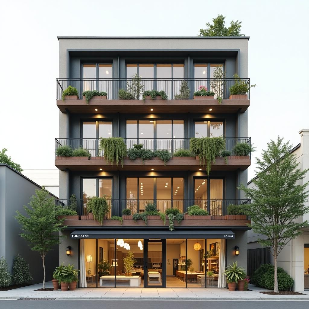 The image showcases a well-designed 4-floor building. It features a commercial shop on the ground floor. The upper floors consist of residential apartments. Each unit has balconies adorned with potted greenery. Large glass windows allow for ample natural light. The design encourages foot traffic and accessibility. The style combines modern aesthetics with functional living. This structure is ideal for urban environments. It represents the blend of nature and contemporary design.