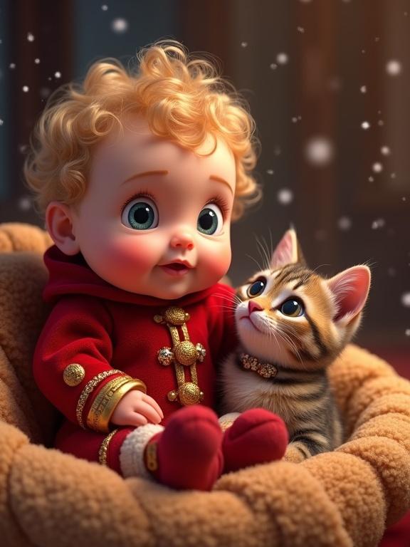 One-year-old baby with golden curls in red velvet onesie. Luxurious outfit with gold details. Baby's eyes wide with wonder gazing at kitten. Warm cloths surrounding baby. Soft glowing lighting. Snow falling in background.