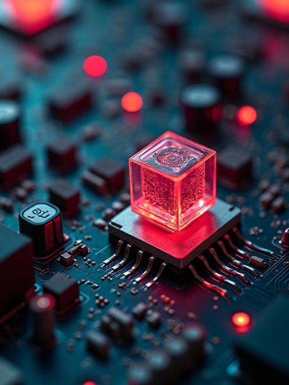 Close-up image of an electronic circuit board featuring a glowing red diode. The circuit board shows intricate pathways and additional components with a focus on the illuminated part.