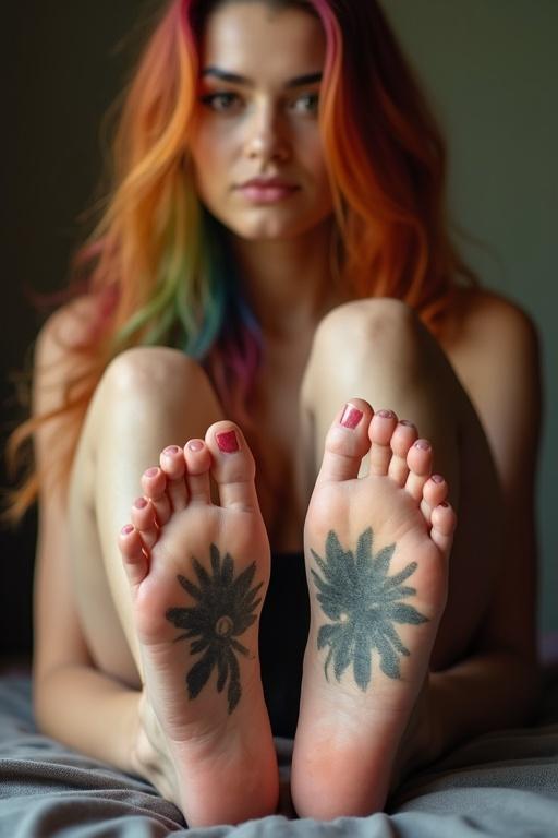 Image shows a young woman with colorful long hair. She displays her tattooed soles on bare feet. Focus is on her feet. The background is neutral and soft. The composition emphasizes the tattoos and colorful hair.