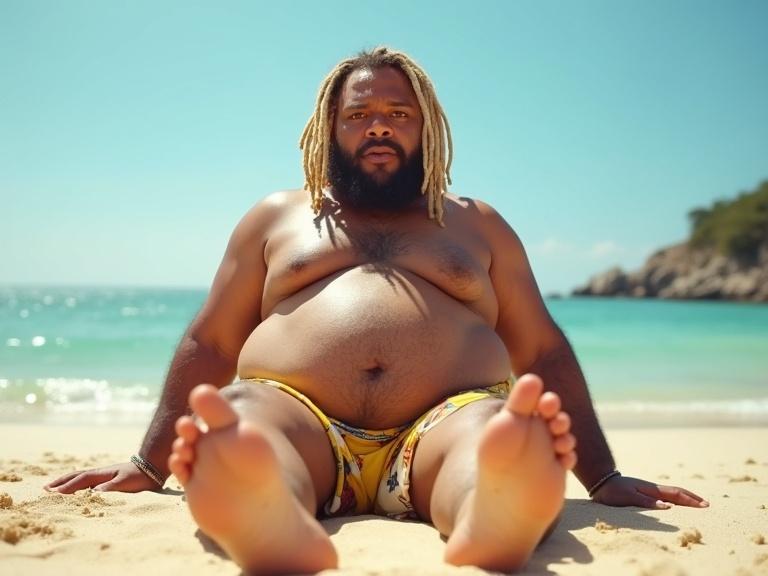 Man with blonde dreadlocks sitting on a beach. Obese belly visible. Sun shining. Sand underfoot. Soles of feet facing the camera.
