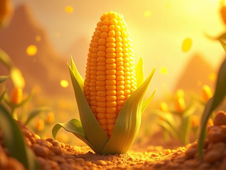 Hero corn character with a golden and glowing appearance. Created in a cel-shaded painterly 3D anime style. Detailed corn cob with lush green leaves surrounded by nature.